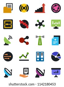 Color and black flat icon set - antenna vector, satellite, growth statistic, office binder, crisis graph, document, monitor, diagnosis, folder, network, share, scanner, pie, point, wireless