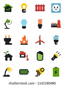 Color and black flat icon set - bulb vector, fire, torch, battery, desk lamp, windmill, factory, home control, eco house, socket, power plug, radiator, energy saving, sun panel