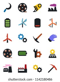 Color and black flat icon set - factory vector, glove, sickle, reel, battery, low, root setup, sun panel, windmill, gear, hard work