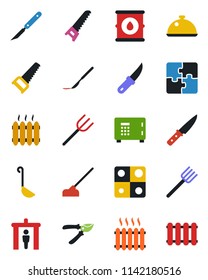 Color and black flat icon set - security gate vector, safe, farm fork, pruner, saw, hoe, garden knife, scalpel, oil barrel, application, heater, dish, ladle, radiator