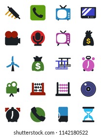 Color and black flat icon set - alarm clock vector, abacus, money bag, film frame, vinyl, tv, video camera, microphone, call, rolling pin, fridge, windmill, sand