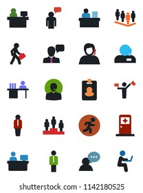 Color and black flat icon set - dispatcher vector, medical room, manager, speaking man, pedestal, team, place, run, support, speaker, desk, pass card, with notebook