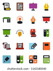 Color and black flat icon set - contract vector, book, calculator, abacus, desk, presentation board, pencil, notes, copybook, ink pen, shining head