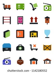 Color and black flat icon set - safe vector, checkroom, bird house, doctor case, container, fragile, cargo, up side sign, no trolley, warehouse, package, rack, radio, blank box, archive