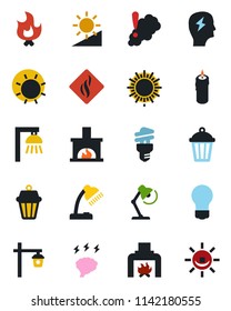 Color and black flat icon set - sun vector, brainstorm, bulb, fire, garden light, brightness, desk lamp, fireplace, candle, smoke detector, energy saving, outdoor, alarm led