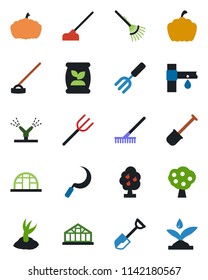 Color and black flat icon set - garden fork vector, shovel, farm, rake, sproute, hoe, sickle, pumpkin, greenhouse, fertilizer, drip irrigation, fruit tree