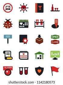 Color and black flat icon set - no laptop vector, statistic monitor, contract, lady bug, plant label, blood test vial, heart shield, medical calendar, warehouse, package, sertificate, alcohol, flag