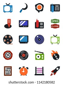 Color and black flat icon set - alarm clock vector, tv, abacus, stamp, sickle, plant label, reel, vinyl, flame disk, radio, phone, office, open close, rocket