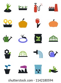 Color and black flat icon set - factory vector, flower in pot, seedling, watering can, sproute, pumpkin, greenhouse, seeds, pond, garden sprayer, fertilizer, tulip, palm