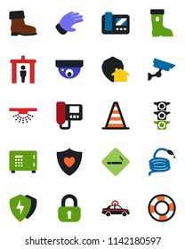 Color and black flat icon set - security gate vector, smoking place, alarm car, border cone, safe, glove, boot, hose, heart shield, traffic light, protect, lock, intercome, home, surveillance
