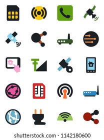 Color and black flat icon set - satellite vector, network, share, call, sim, cellular signal, wireless, power plug, router, home control app, social media