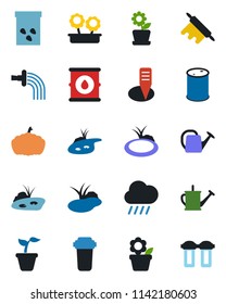 Color and black flat icon set - flower in pot vector, seedling, watering can, rain, plant label, pumpkin, seeds, pond, oil barrel, rolling pin, water filter