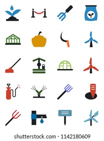 Color and black flat icon set - fence vector, garden fork, farm, well, hoe, sickle, plant label, pumpkin, greenhouse, sprayer, fertilizer, drip irrigation, windmill