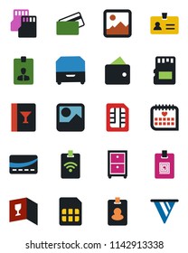 Color and black flat icon set - identity vector, card, medical calendar, gallery, sd, sim, archive box, wine, credit, pass, wallet, pennon