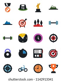 Color and black flat icon set - pedestal vector, medal, barbell, bike, heavy, clock, stopwatch, target, mountains, award cup