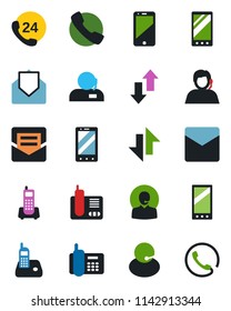 Color and black flat icon set - mobile phone vector, office, 24 hours, support, cell, radio, mail, call, data exchange