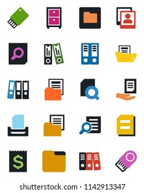 Color and black flat icon set - office binder vector, document search, receipt, folder, photo gallery, paper, tray, archive box, usb flash