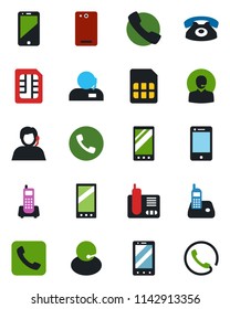 Color and black flat icon set - phone vector, mobile, office, support, cell, radio, back, call, sim