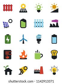Color and black flat icon set - hot cup vector, factory, fire, battery, brightness, charge, sun panel, eco house, water heater, radiator, bulb, energy saving, windmill, idea