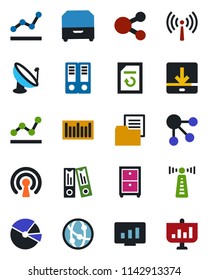 Color and black flat icon set - antenna vector, office binder, statistic monitor, document reload, folder, barcode, satellite, network, download, pie graph, point, archive box, wireless