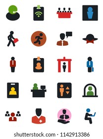 Color and black flat icon set - security gate vector, elevator, male, reception, manager, speaking man, team, place, run, doctor, support, client, identity card, meeting, dress code, pass