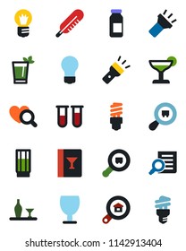Color and black flat icon set - document search vector, bulb, blood test vial, thermometer, heart diagnostic, ampoule, fragile, cargo, torch, estate, alcohol, wine card, drink, cocktail, phyto bar