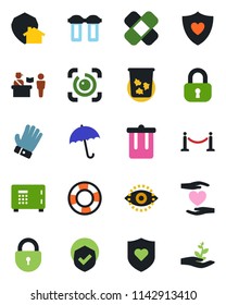 Color and black flat icon set - fence vector, passport control, umbrella, trash bin, safe, lock, glove, patch, heart shield, hand, eye id, water filter, home protect, crisis management, palm sproute