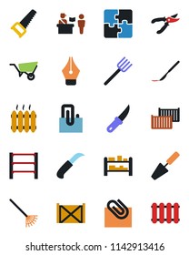 Color and black flat icon set - passport control vector, trowel, farm fork, rake, wheelbarrow, pruner, saw, garden knife, scalpel, cargo container, rack, application, paper clip, ink pen, heater