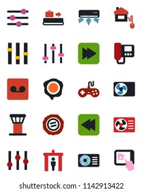 Color and black flat icon set - airport tower vector, baggage conveyor, security gate, stamp, gamepad, settings, fast forward, rewind, tuning, record, air conditioner, home control, intercome, app