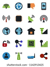 Color and black flat icon set - antenna vector, earth, satellite, finger down, user, network, cellular signal, wireless, smart home, chip, lock, router, control app, social media