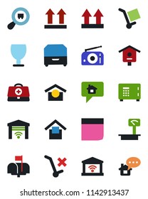Color and black flat icon set - safe vector, bird house, doctor case, fragile, cargo, warehouse storage, up side sign, no trolley, heavy scales, search, radio, blank box, archive, mailbox
