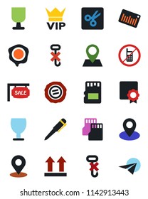 Color and black flat icon set - no mobile vector, vip, pen, stamp, pin, fragile, up side sign, hook, barcode, sd, cut, place tag, sertificate, sale, paper plane