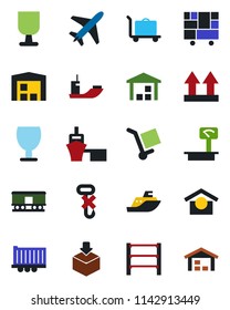 Color and black flat icon set - plane vector, baggage trolley, sea shipping, truck trailer, port, consolidated cargo, fragile, warehouse storage, up side sign, no hook, package, heavy scales, rack