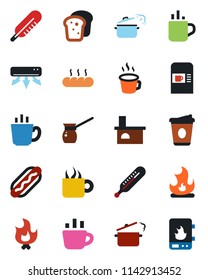 Color and black flat icon set - hot cup vector, coffee machine, fire, fireplace, thermometer, air conditioner, bread, dog, steaming pan, turkish, water heater