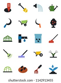 Color and black flat icon set - job vector, garden fork, rake, watering can, wheelbarrow, hoe, sickle, plant label, greenhouse, seeds, drip irrigation, fruit tree
