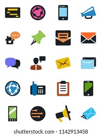 Color and black flat icon set - speaking man vector, mail, office phone, loudspeaker, network, cell, paper pin, mobile, message, clipboard, home, schedule