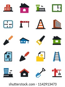 Color and black flat icon set - barrier vector, border cone, airport building, office, trowel, shovel, ladder, saw, house, hospital, with garage, plan, estate document, crane
