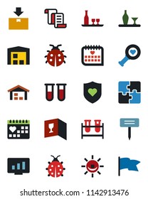 Color and black flat icon set - contract vector, statistic monitor, lady bug, plant label, blood test vial, heart diagnostic, shield, medical calendar, package, application, warehouse, alcohol, flag