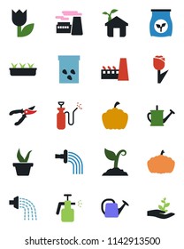 Color and black flat icon set - factory vector, seedling, watering can, sproute, pruner, pumpkin, seeds, garden sprayer, fertilizer, tulip, eco house, palm