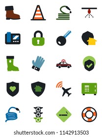 Color and black flat icon set - plane radar vector, smoking place, alarm car, border cone, safe, glove, boot, hose, heart shield, traffic light, key, lock, intercome, home protect, sprinkler