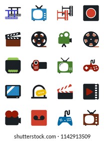 Color and black flat icon set - ticket office vector, clapboard, film frame, reel, tv, gamepad, video camera, hdmi, record