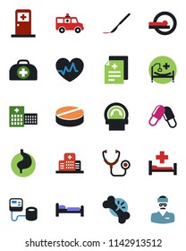 Color and black flat icon set - bed vector, medical room, heart pulse, doctor case, diagnosis, stethoscope, blood pressure, pills, scalpel, tomography, ambulance car, hospital, stomach, broken bone