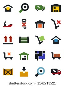 Color and black flat icon set - sea shipping vector, container, consolidated cargo, warehouse storage, up side sign, no trolley, hook, package, search, moving