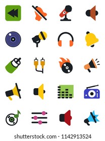 Color and black flat icon set - vinyl vector, flame disk, microphone, radio, speaker, loudspeaker, equalizer, headphones, rewind, rca, tuning, bell, mute, music, sound, advertising