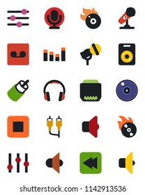 Color and black flat icon set - vinyl vector, flame disk, microphone, speaker, settings, equalizer, headphones, stop button, rewind, rca, hdmi, tuning, record, sound