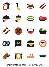 Color and black flat icon set - spoon and fork vector, cafe, menu, salad, plates, bacon, waiter, bread, chicken, steak, kebab, hamburger, ladle, bowl