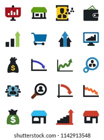 Color and black flat icon set - shop vector, growth statistic, money bag, crisis graph, store, monitor statistics, hr, consumer search, arrow up, wallet, cart, presentation, storefront