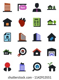 Color and black flat icon set - office building vector, real heart, contract, house, with garage, tree, estate document, rent, search, agent, smart home, city, eco