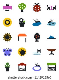 Color and black flat icon set - cafe vector, sun, flower in pot, butterfly, lady bug, pond, pool, fruit tree, mountains, table, restaurant, alcove