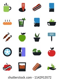 Color and black flat icon set - hot cup vector, seedling, plant label, diet, fridge, drink, phyto bar, salad, bacon, bread, kebab, apple fruit, fan, palm sproute